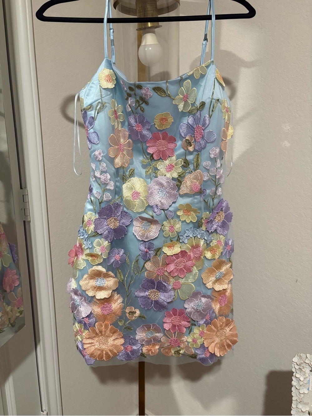 Aqua Pastel Blue Floral Appliqué Mini Dress